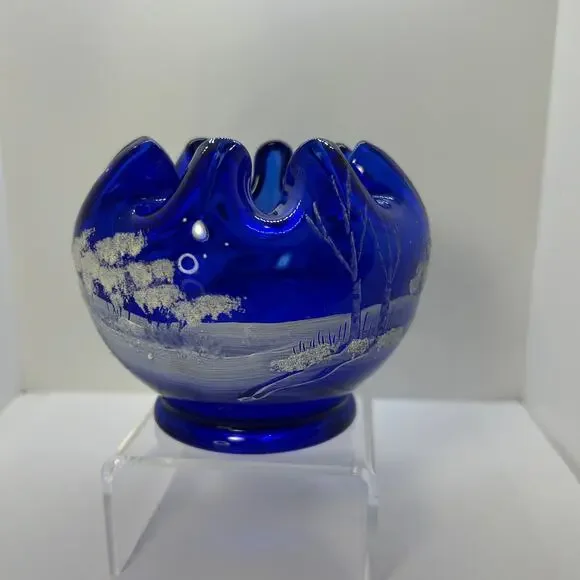 Fenton Inverted Ruffle Rose Bowl Cobalt Winter Scene Hand Painted GD Wright - Picture 5 of 9